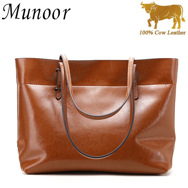 Munoor กระเป๋าถือผู้หญิงหนังวัวแฟชั่นสะพายไหล่ สําหรับออฟฟิศ