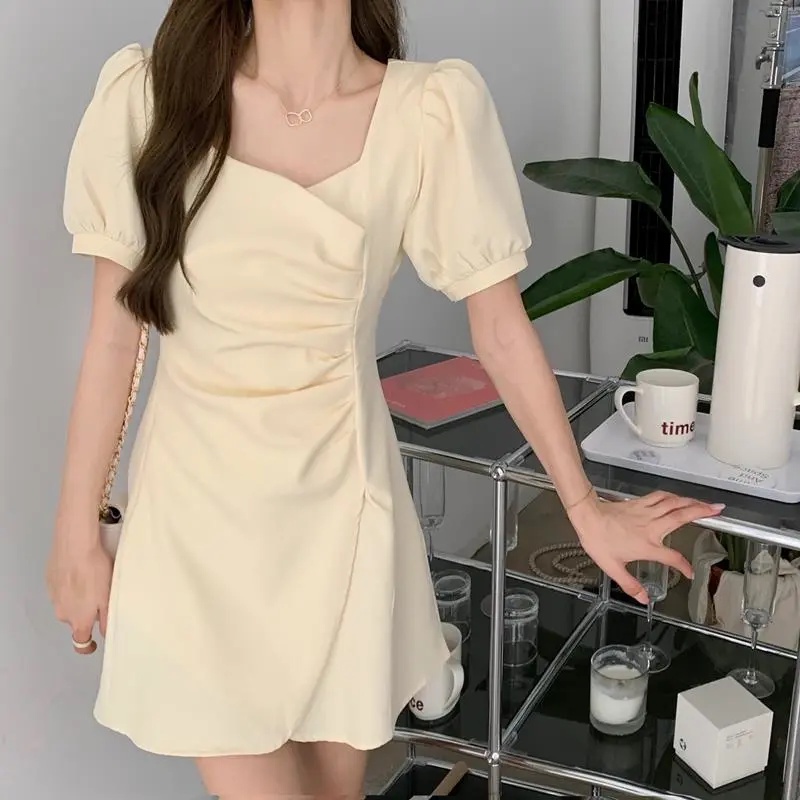 ชุดเดรสแขนพัฟ คอสี่เหลี่ยม เอวสูง แต่งจับจีบ สีพื้น หรูหรา สไตล์ฝรั่งเศส สําหรับผู้หญิง