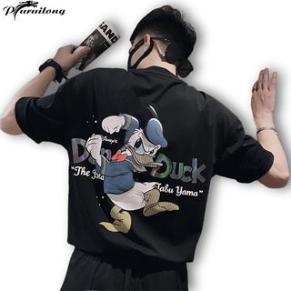 Puruilong เสื้อยืดแขนสั้น ผ้าฝ้าย พิมพ์ลายการ์ตูน Disney Donald Duck สีดํา สําหรับผู้ชาย