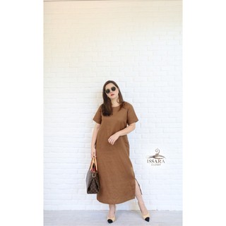 Linen Dress โรสาราแขนสั้น #น้ำตาลบราวน์