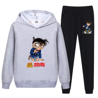 เสื้อกันหนาว มีฮู้ด และกางเกง ลายการ์ตูนโคนัน ขนาดใหญ่ แฟชั่นสําหรับเด็กผู้ชาย อายุ 8 12 ปี 2 ชิ้น