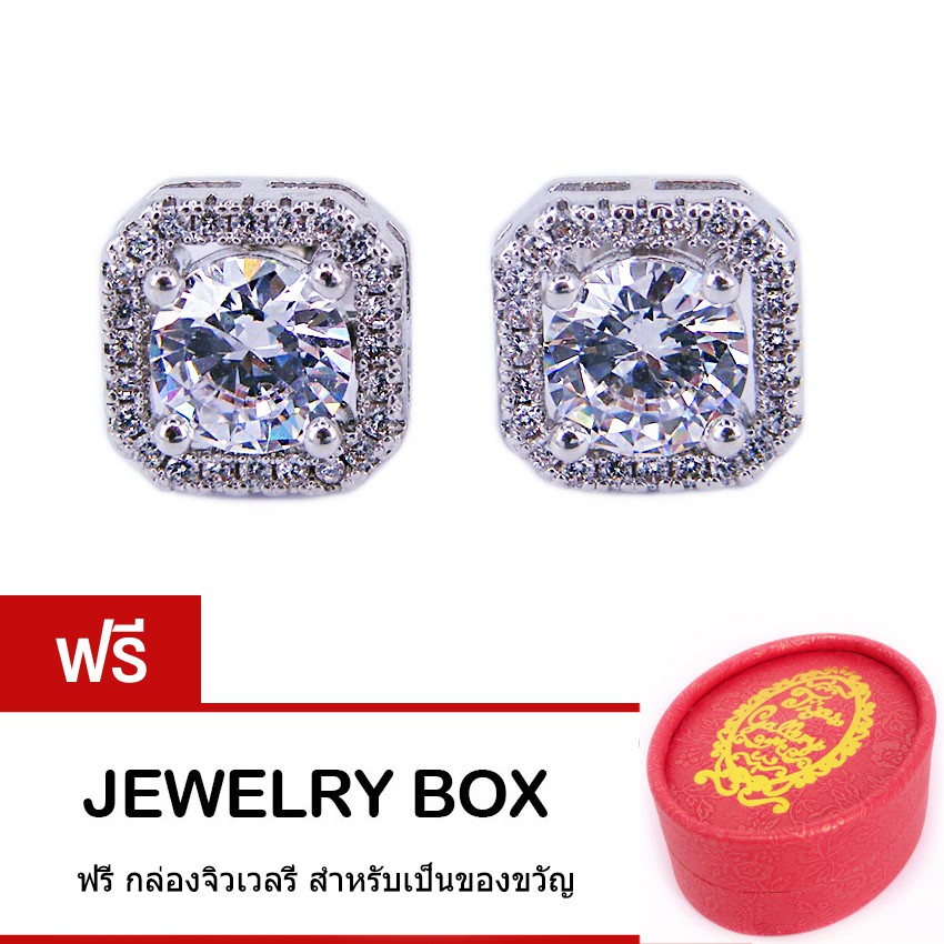 Tips Gallery ต่างหู เงินแท้ 925 หุ้มทองคำขาว เพชร CZ Hearts & Arrows 2 กะรัต รุ่น Celeste Design TES