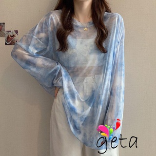 Geta- เสื้อยืดแขนยาว คอกลม พิมพ์ลายมัดย้อม แบบสวมหัว ซีทรู ป้องกันรังสียูวี บางพิเศษ สไตล์สตรีท สําหรับผู้หญิง