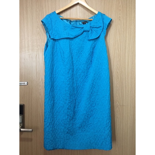 New Directions 16W อกหน้าผ้า 46 นิ้ว เดรสเข้ารูป แต่งริบบิ้นที่คอ มินิเดรส ผ้าทอลาย สีฟ้า เดรสสาวอวบ