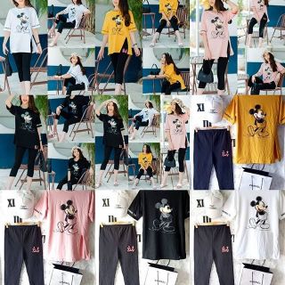 เสื้อยืด over size ผ่าข้าง สกรีนลาย+กางเกง เลกกิ้ง ขายาว4ส่วน