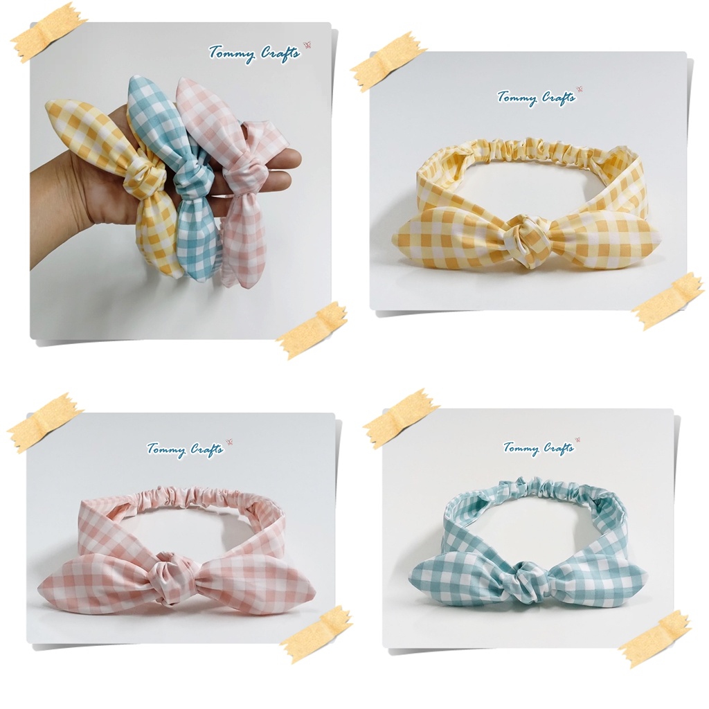 Tommy Crafts ผ้าคาดผมโบว์ผ้าคอตตอนทวิล ลายตารางสีพาสเทล ไซส์ผู้ใหญ่/ ไซส์เด็ก Print cotton twill Hairband