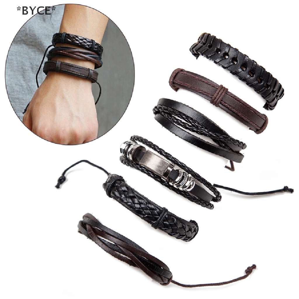 Byce 6 ชิ้น / เซต วินเทจ ผู้ชาย สร้อยข้อมือ หลายชั้น เชือกหนัง เชือกเทียนถัก สร้อยข้อมือ
