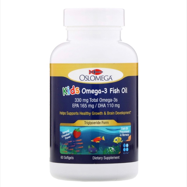 “New “ 🇺🇸Oslomega Kids Omega-3 Fish Oil, 165 mg EPA, 110 mg DHA, Natural Strawberry Flavor, 60 Softgels