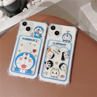 เคสโทรศัพท์มือถือแบบนิ่ม ใส กันกระแทก ลายการ์ตูนโดราเอมอน พร้อมช่องใส่บัตร สําหรับ iPhone 14 Plus 14 Pro MAX 13 Pro MAX 12 Pro 11 Pro MAX XS MAX XR 7 8 Plus