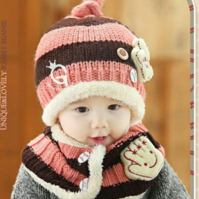 หมวกเด็ก&ผ้าพันคอลายเส้น⚘พร้อมส่ง⚘