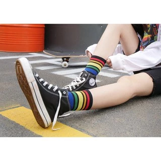 ถุงเท้าแฟชั่น 🌈ลายสายรุ้ง 🌈ฟรีไซส ถุงเท้าข้อกลาง ลายทางสีสันสด Rainbow socks NO.17