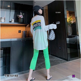 TwinsShopVip💗พร้อมส่ง TW10148 Set เสื้อโอเวอร์ไซส์แขนยาวสกรีนหน้า-หลัง + กางเกงขายาว 4 ส่วน