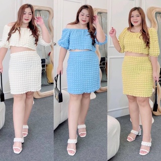 Size up Sale !!! ชุดเซ็ต 2 ชิ้น สาวอวบ เสื้อครอปปาดไหล่ อก 40”-50” Bigsize Oversize กระโปรง เอว 34”-44”