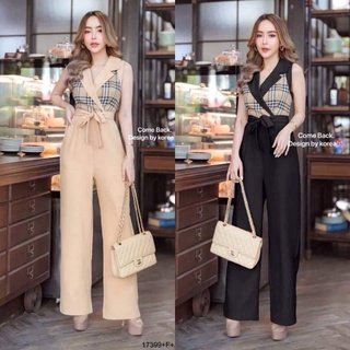 จั้มสูทคอปกแขนกุดขายาว อกแต่งผ้าลูบเบอร์รี่  มีเชือกผูกเอว  ใส่สวยเรียบหรู