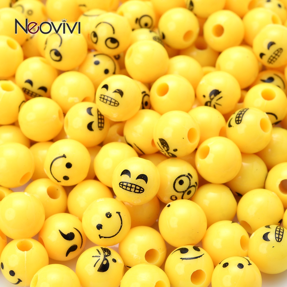 50pcs 10mm Expression ลูกปัดอะคริลิคสีเหลืองยิ้มรอบ Spacer ลูกปัดสำหรับเครื่องประดับทำสร้อยข้อมือ DIY อุปกรณ์เสริม