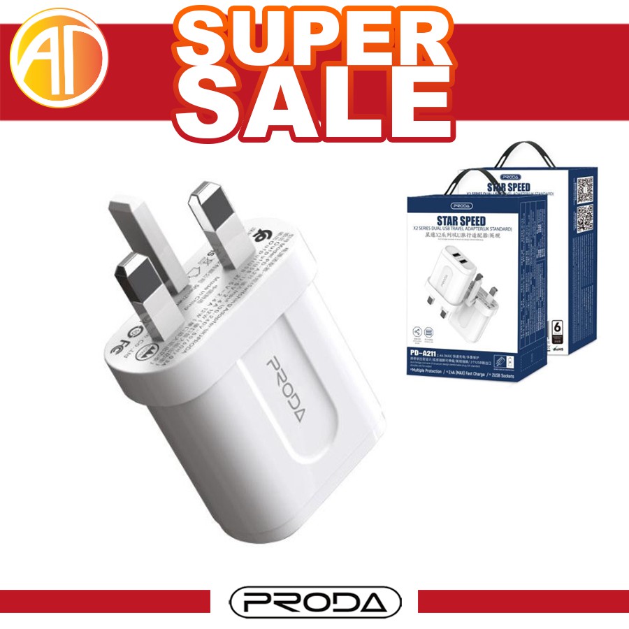 PRODA Star Speed PD-A211 X2 Series Dual USB 2.4A Travel Adapter พร้อมชุดสายเคเบิล UK Standard