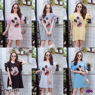Dress มินิเดรส คอกลม แขนต่อระบายมัสลิน เนื้อผ้าคอตตอนเนื้อผ้านิ่มใส่สบาย สกรีนลายการ์ตูนเรืองแสงเกรดA แขนฟรุ้งฟริ้งอลังๆ