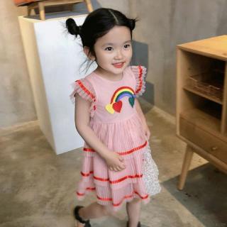 ชุดเดรสแขนกุดปักลายลูกไม้สีรุ้งสำหรับเด็ก