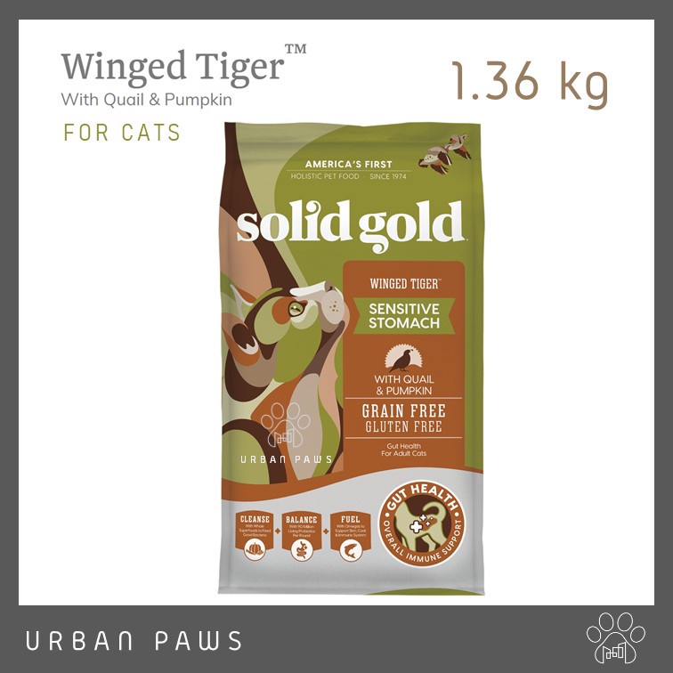 อาหารแมว Solid Gold - Winged Tiger สูตรนกกระทาและฟักทอง สำหรับแมวโต สูงวัย และแมวทำหมัน 1.36 kg.