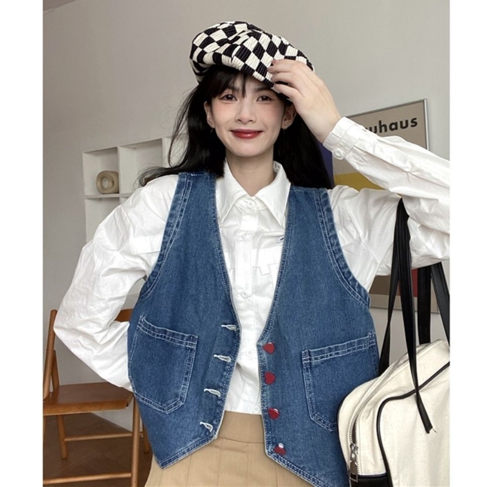 เสื้อกั๊กยีนสั้น คอวี แขนกุด แฟชั่นฤดูใบไม้ร่วง สําหรับผู้หญิง 2022