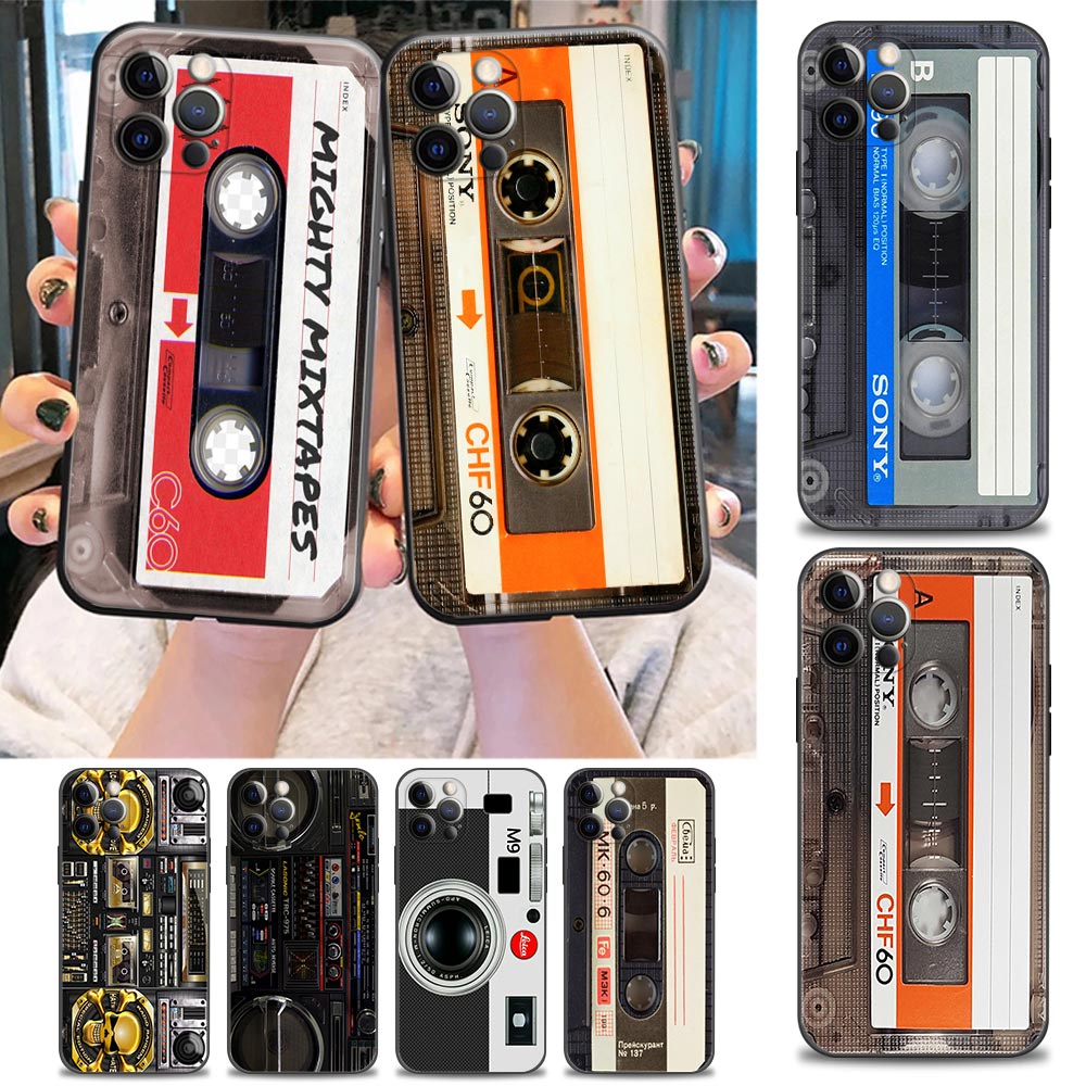 เคสโทรศัพท์มือถือ ซิลิโคนนิ่ม ลายเทปคาสเซ็ตวิทยุ สไตล์วินเทจย้อนยุค สีดํา สําหรับ iPhone 11 12 13 Pro Max Mini