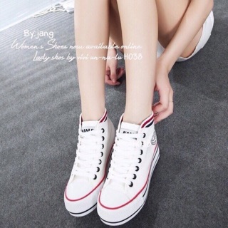 👠พร้อมส่ง: มาเพิ่มรอบ 8 คะรองเท้าผ้าสไตล์คอนเวิร์ส หุ้มข้อผ้าแคนวาส แต่งแถบสีเป็นยางยืด เสริมพื้นหน