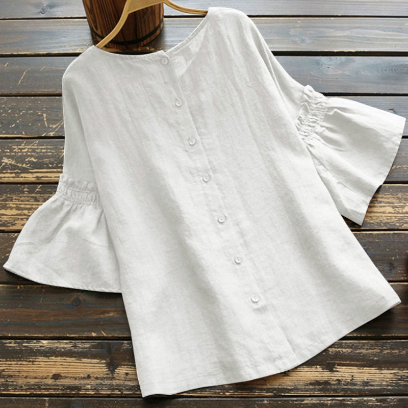 เสื้อเบลาส์แขนสั้น ผ้าฝ้าย และผ้าลินิน ทรงหลวม พลัสไซซ์ สไตล์วินเทจ ...