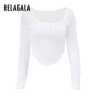 Relagala เสื้อยืดแขนยาว คอยู เข้ารูป สีพื้น เรียบง่าย แฟชั่นสําหรับผู้หญิง