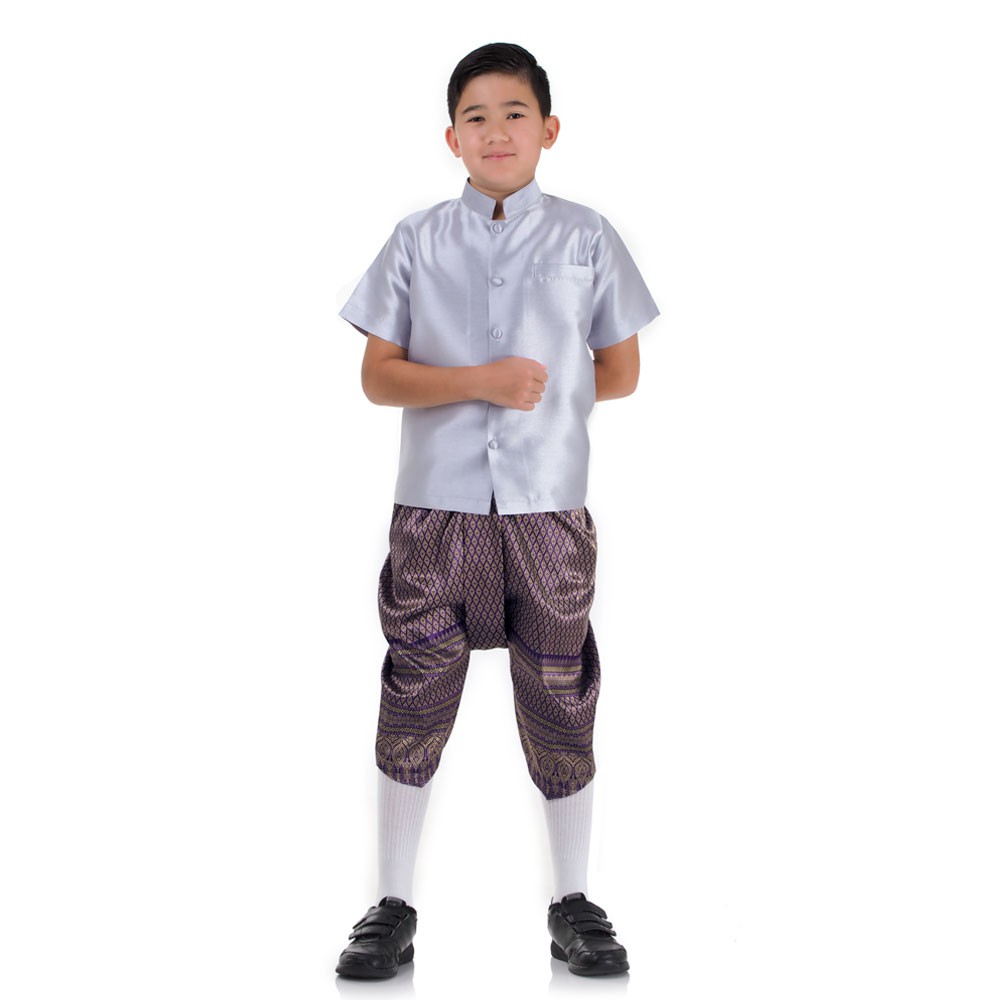 ชุดไทยเด็กชายราชปะแตนพี่หมื่นเด็กทำจากผ้าไหมเทียม