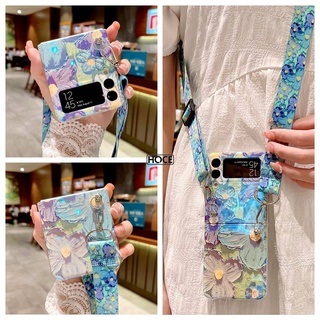 Hoce เคสโทรศัพท์มือถือ PC แข็ง ลายภาพวาดสีน้ํามัน รูปดอกไม้ พร้อมสายคล้องไหล่ สําหรับ Samsung Galaxy zflip5 flip5 Z Flip 3 5G Z Flip 4 5G Zflip3 Zflip4