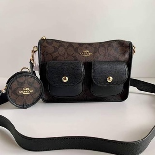 (ผ่อน0%) กระเป๋าสะพายข้าง Coach Pennie Crossbody with Coin Case in Signature Canvas Darkbrown C5675 ลายซี สีน้ำตาลเข้ม