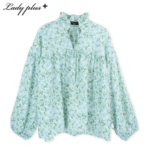 Lady Plus เสื้อชีฟองลายดอกไม้แขนพอง | Floral Blouse เสื้อแขนยาว สีเขียว