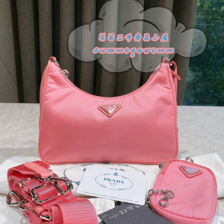 PRADA Prada Hobo Nylon Pink Three-in-One Underarm Bag/กระเป๋าสะพายข้าง/Cross Bag 1BH204