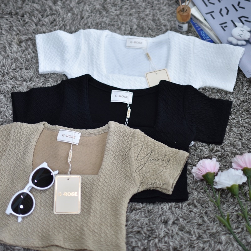 เสื้อแขนสั้น คอเหลี่ยม งานป้าย G-ROSE ผ้ายืด ลายขนแกะ🧸