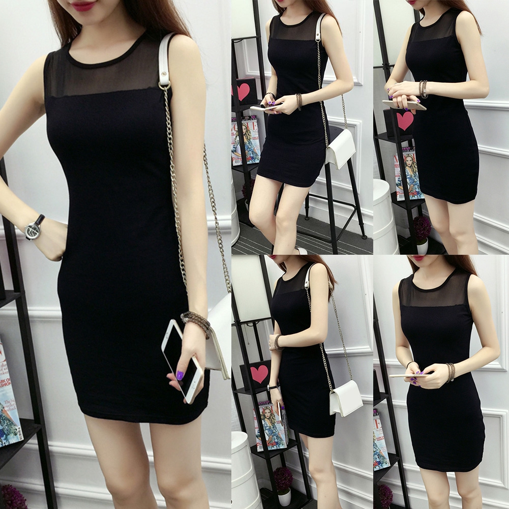 ชุดเดรสสั้น แขนกุดสีดำเซ็กซี่สำหรับผู้หญิง Bodycon