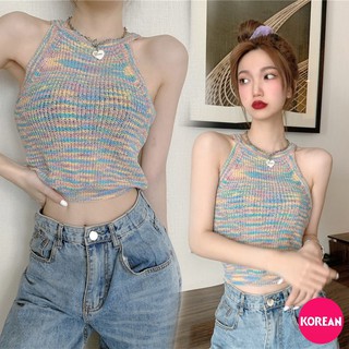 🎀Korean Fashion🎀เสื้อแขนกุดคอกลม ทรงครอป ผ้าไหมพรม ถักลายสีพาสเทลน่ารัก แฟชั่น