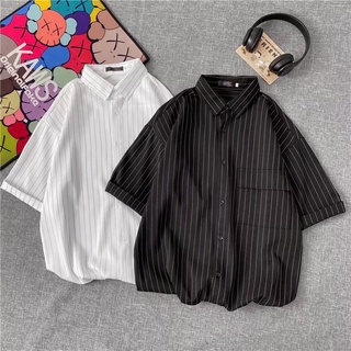 Shirt【M-3XL】Hong Kong style fashion casual mens shirt Personalized striped pattern short-sleeved shirt College style handsome top jacket Oversized loose and comfortable five-point sleeve shirt