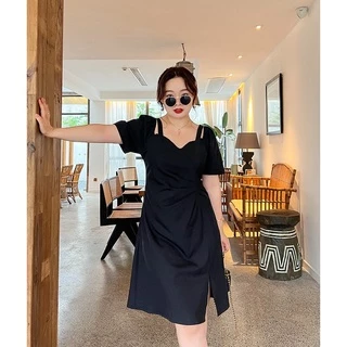 2ชิ้นลด50% (1102) Plussize dress เดรสสั้นสายเดี่ยวมีแขน ดีเทลผ่าปลายข้างเล็กๆ สาวพลัสไซส์สไตล์เกาหลี