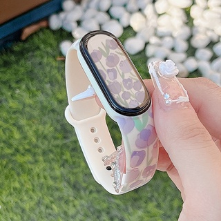 สายนาฬิกาข้อมือซิลิโคน พิมพ์ลายดอกไม้ สําหรับ MI Band 7 6 5 4 3 Xiao MI 4 3