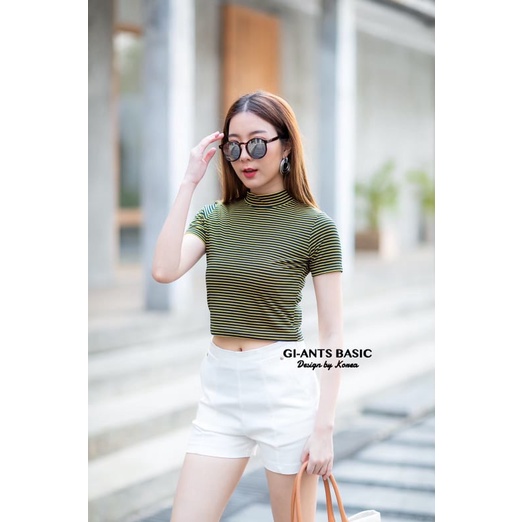 Gi-ants เสื้อครอปคอเต่าแขนสั้นริ้ว CARDIGAN_NISTA (GIAA4C)