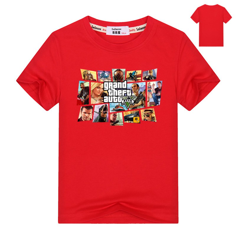 GTA 5 Grand Theft Auto Game เสื้อยืดเด็กผู้ชายสีดำแขนสั้นเสื้อผ้า