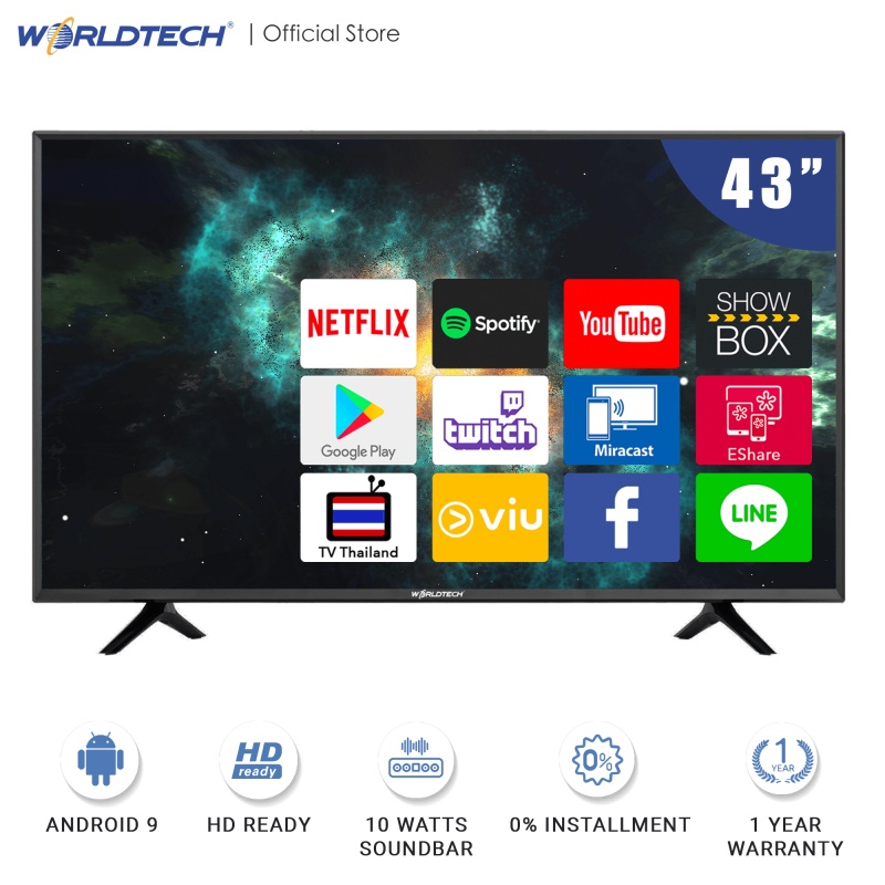 Worldtech ทีวี 43 นิ้ว Android Smart TV แอนดรอย สมาร์ททีวี Full HD YouTube/Netflix/Internet (2xUSB, 3xHDMI) (ผ่อน0%)