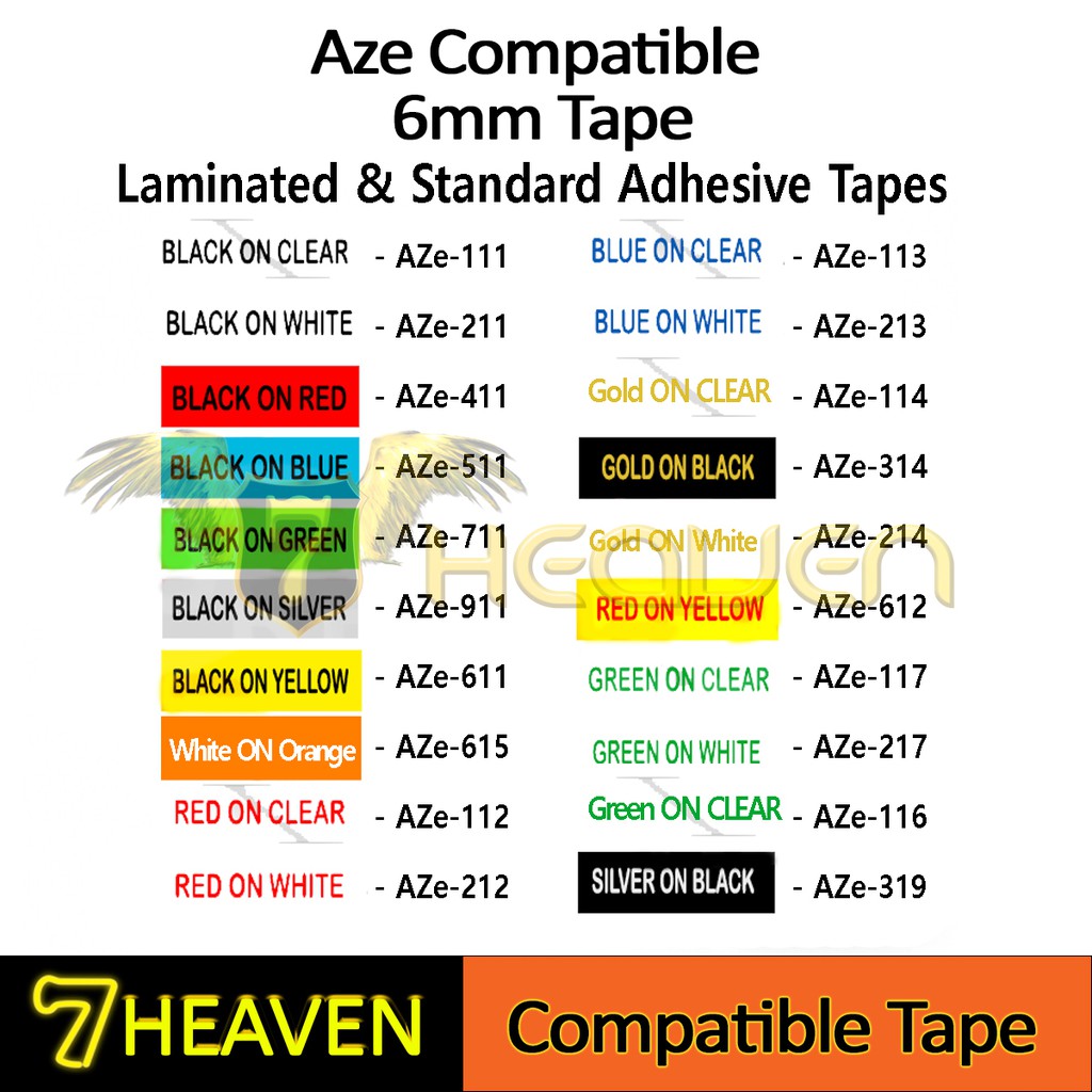 เทปฉลาก Aze ที่รองรับ 6 มม.สําหรับเครื่องพิมพ์ Brother P-Touch (Tze-212 Tze-113 Tze-213 Tze-314 Tze-