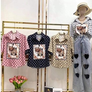 ป้าย Li lyn/ Fashion เสื้อเชิ๊ตแขนสั้นลายม้า