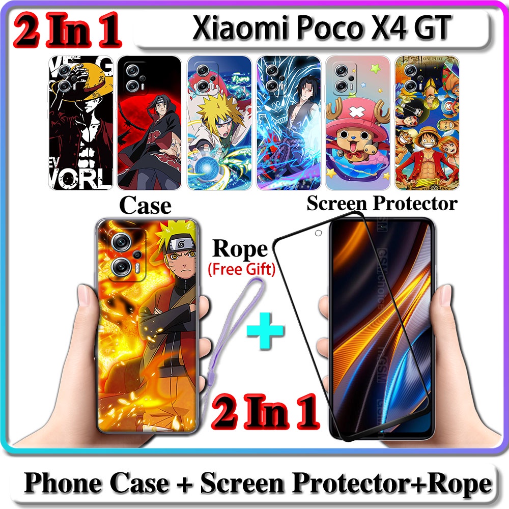 2 IN 1 เคส Xiaomi Poco X4 GT เคส พร้อมกระจกนิรภัยโค้ง ป้องกันหน้าจอ เซรามิค นารูโตะ และการออกแบบ One Piece