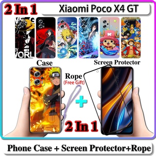 2 IN 1 เคส Xiaomi Poco X4 GT เคส พร้อมกระจกนิรภัยโค้ง ป้องกันหน้าจอ เซรามิค นารูโตะ และการออกแบบ One Piece