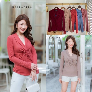 Bellacita💥469-1 เสื้อยืดคอวีลึก แขนยาว ตัวเสื้อเย็บไขว้ด้านหน้า💥ป้ายเเท้