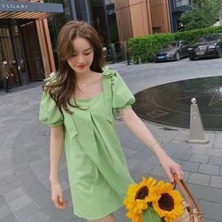 Green bowy dress มินิเดรสผ้ายีนส์ สีเขียว