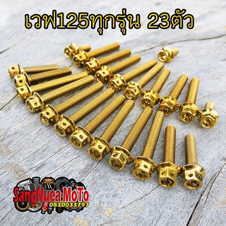 น็อตแคร้งเครื่อง เวฟ125ทุกรุ่น สแตนเลสแท้23ตัว ( ซ้าย-ขวา) สีทองหัวเจาะ