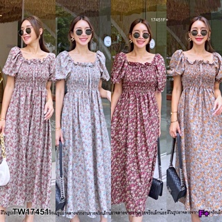 PP17451 เดรสแขนพองสม็อคอกลายดอกไม้